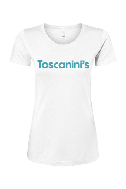 Women's white cotton blend t-shirt featuring the blue Toscanini's logo printed on the chest.