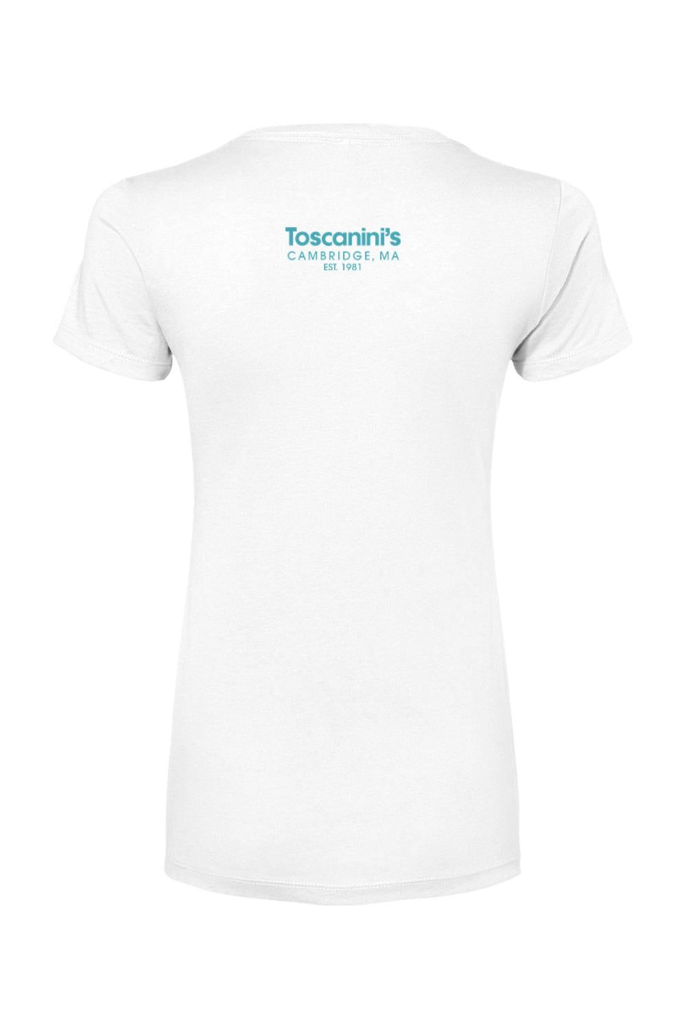 White women's cotton blend t-shirt featuring a blue Toscanini's Cambridge logo on the upper back.