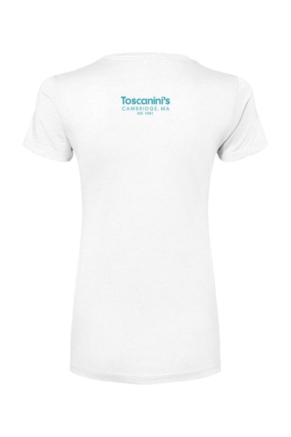 White women's cotton blend t-shirt featuring a blue Toscanini's Cambridge logo on the upper back.