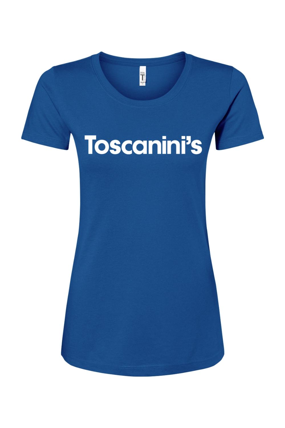 Royal blue women's cotton blend t-shirt featuring the white Toscanini's logo printed on the chest.
