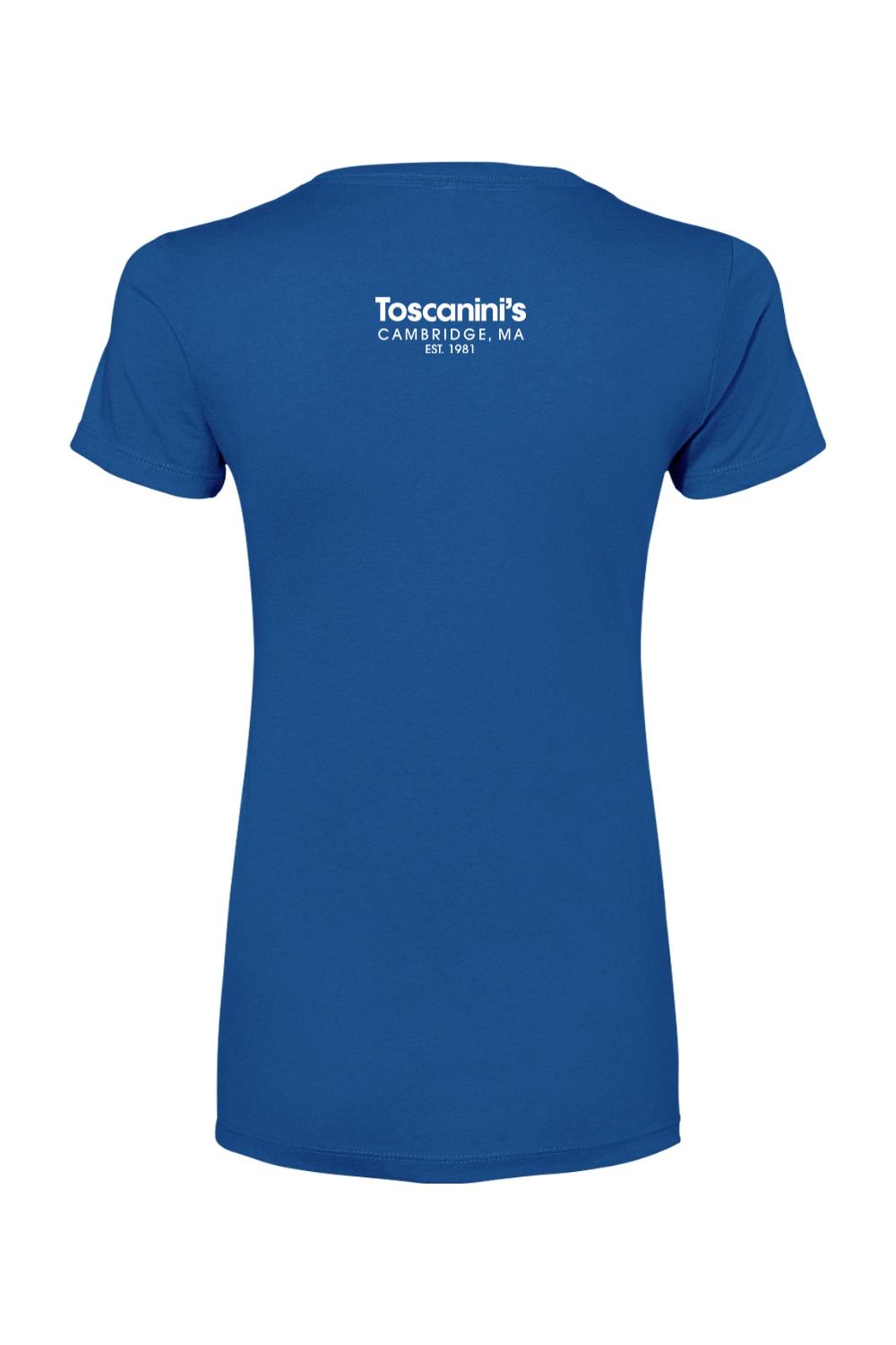 Royal blue women's cotton blend t-shirt featuring the white Toscanini's Cambridge logo on the upper back.