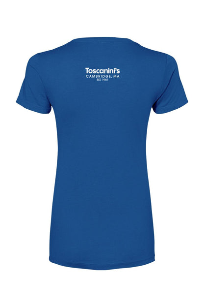 Royal blue women's cotton blend t-shirt featuring the white Toscanini's Cambridge logo on the upper back.