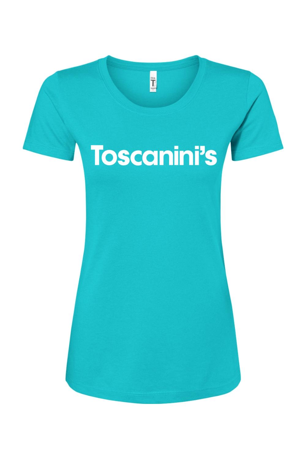 Women's turquoise cotton blend crewneck t-shirt featuring the white Toscanini's logo printed on the chest.