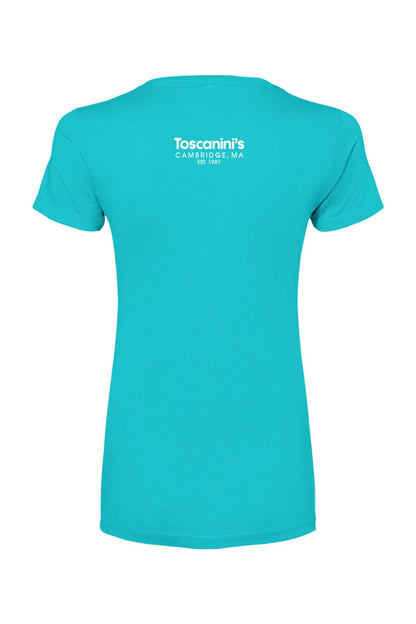 Back view of a turquoise women's cotton blend t-shirt with white Toscanini's Cambridge, MA logo on the upper back.