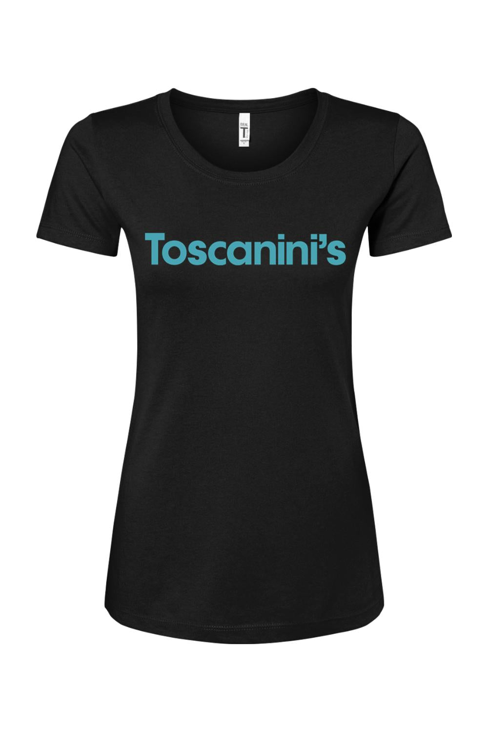 Women's black cotton blend t-shirt featuring the blue Toscanini's logo printed on the chest.