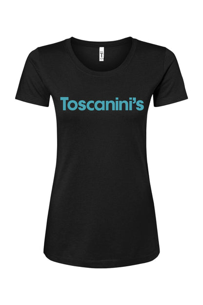 Women's black cotton blend t-shirt featuring the blue Toscanini's logo printed on the chest.