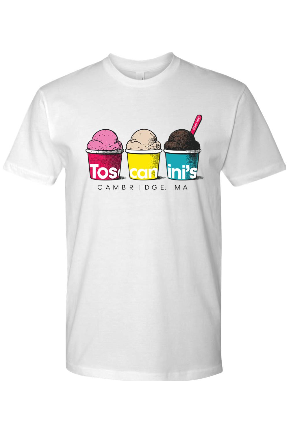 White 100% cotton t-shirt featuring a colorful Toscanini's ice cream cups graphic with Cambridge, MA text.