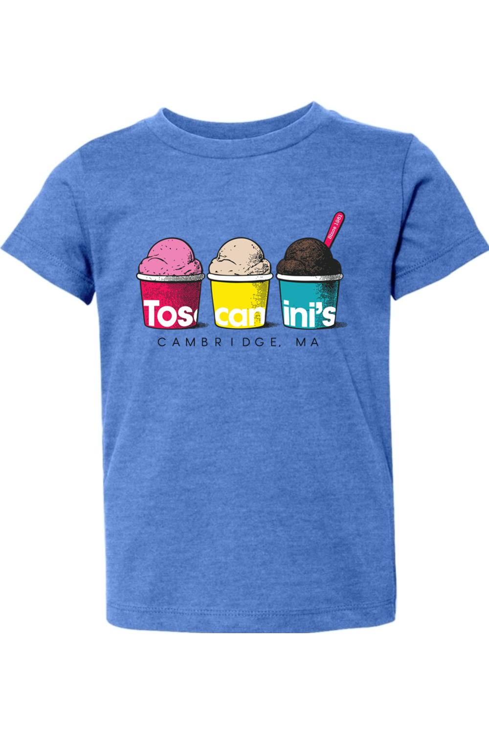 Heather blue toddler cotton t-shirt featuring a colorful Toscanini's ice cream cups graphic on the front.