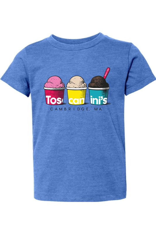 Heather blue toddler cotton t-shirt featuring a colorful Toscanini's ice cream cups graphic on the front.