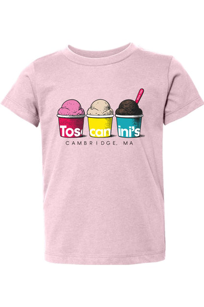 Soft pink toddler cotton t-shirt featuring a Toscanini's ice cream graphic with three colorful cups and text.