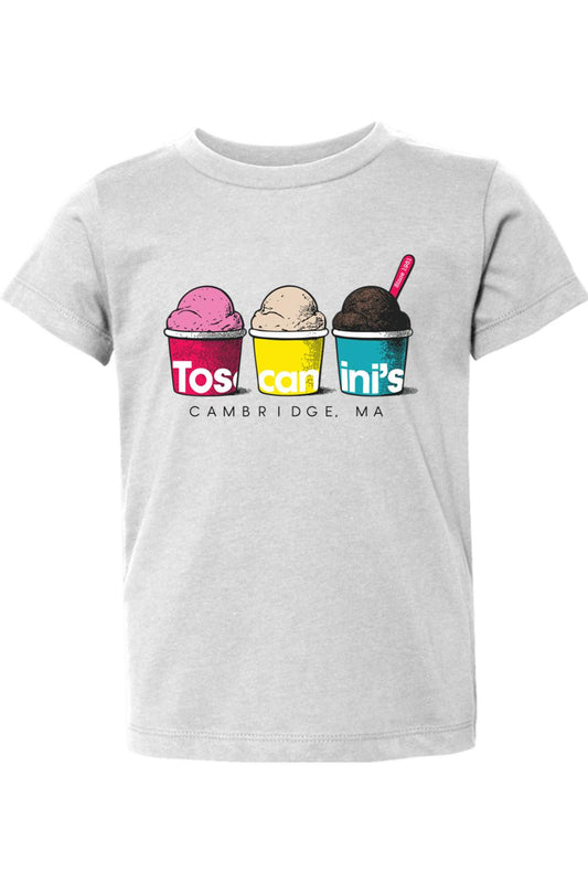 Light gray toddler cotton t-shirt featuring a colorful Toscanini's ice cream cups graphic on the front.