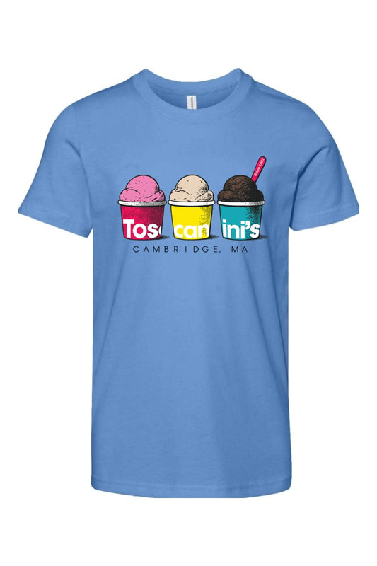 Light blue youth cotton t-shirt featuring a colorful Toscanini's ice cream cups graphic on the front.