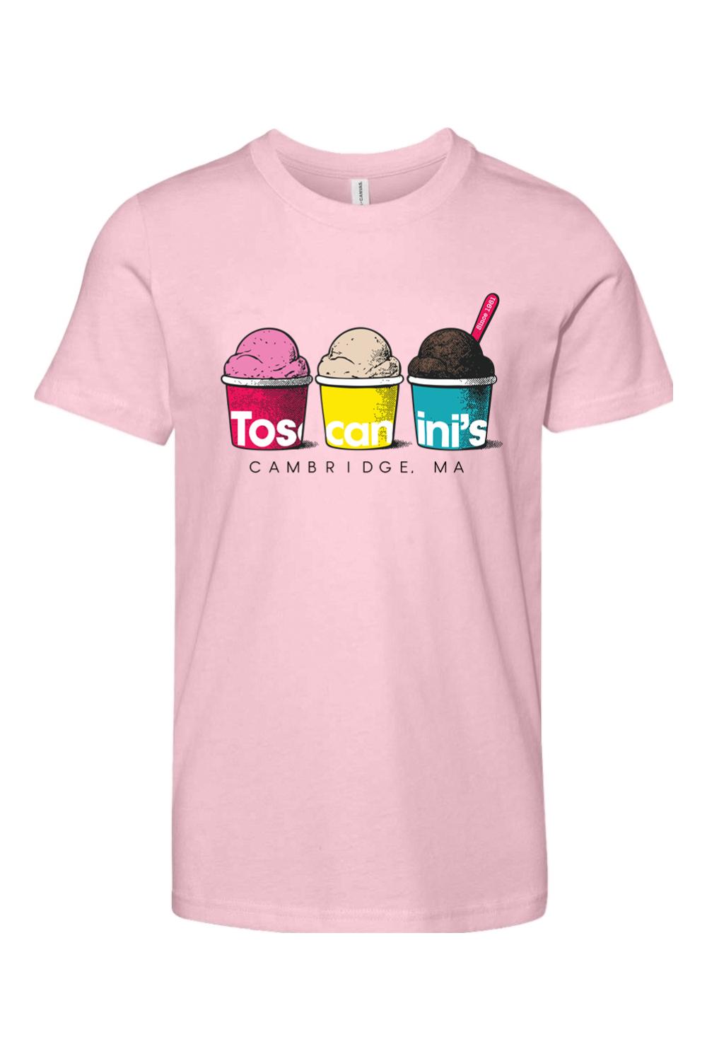 Light pink youth cotton t-shirt featuring a Toscanini's ice cream graphic with three colorful cups and logo.