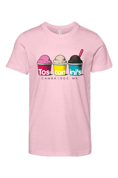 Light pink youth cotton t-shirt featuring a Toscanini's ice cream graphic with three colorful cups and logo.