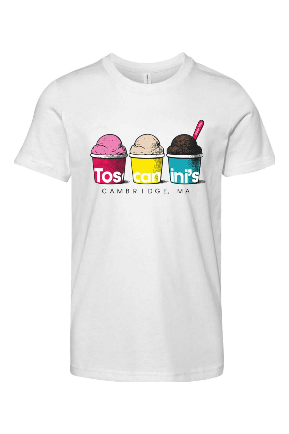 White youth cotton t-shirt featuring a colorful Toscanini's ice cream graphic with three scoops in cups.