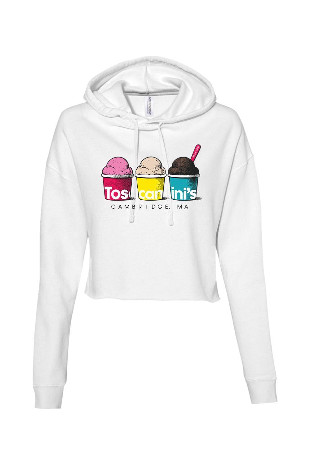 White lightweight cropped hoodie featuring a Toscanini's ice cream graphic with three colorful scoops.