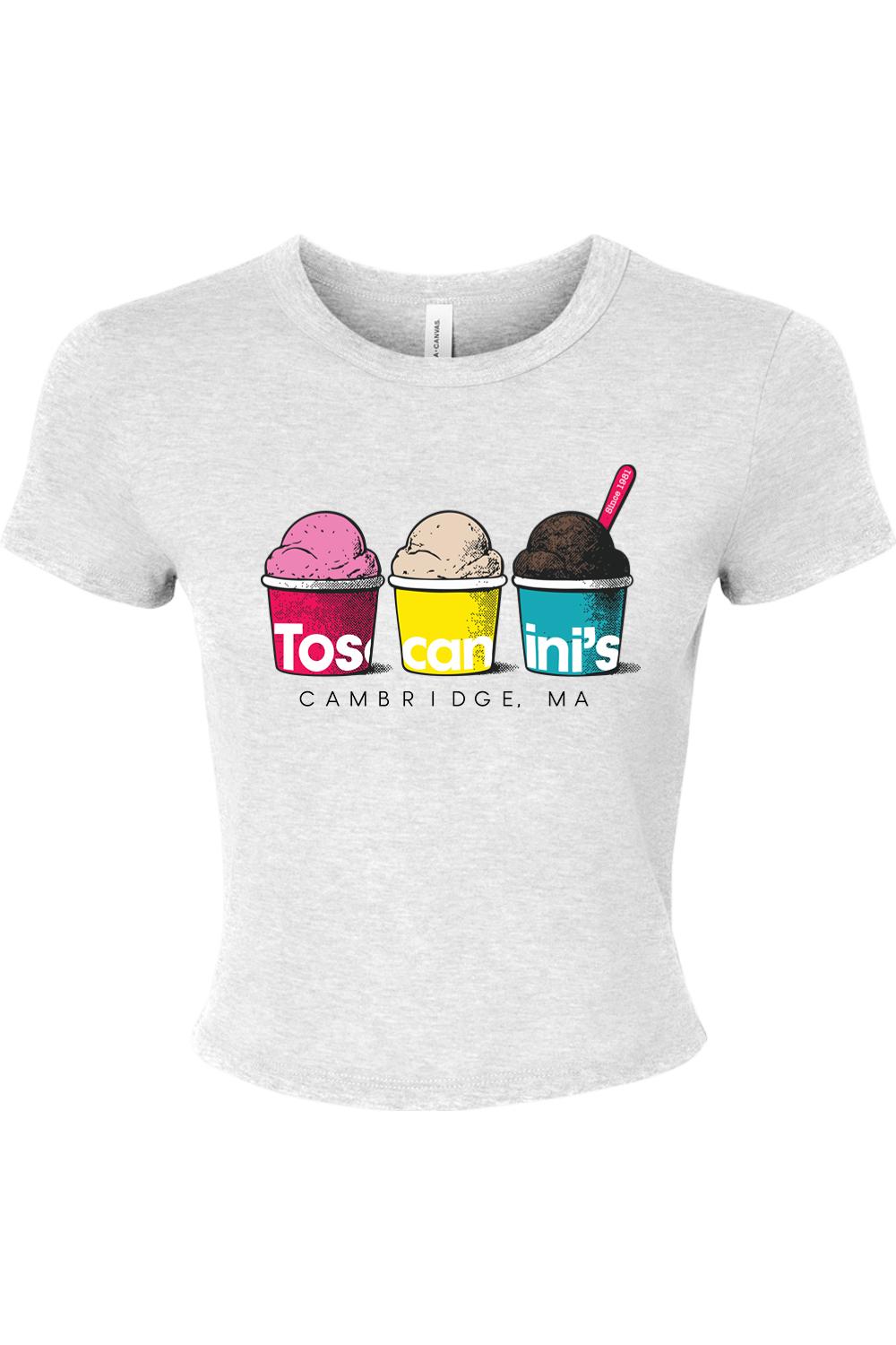 Light grey micro rib baby tee featuring a colorful Toscanini's ice cream graphic on the front.