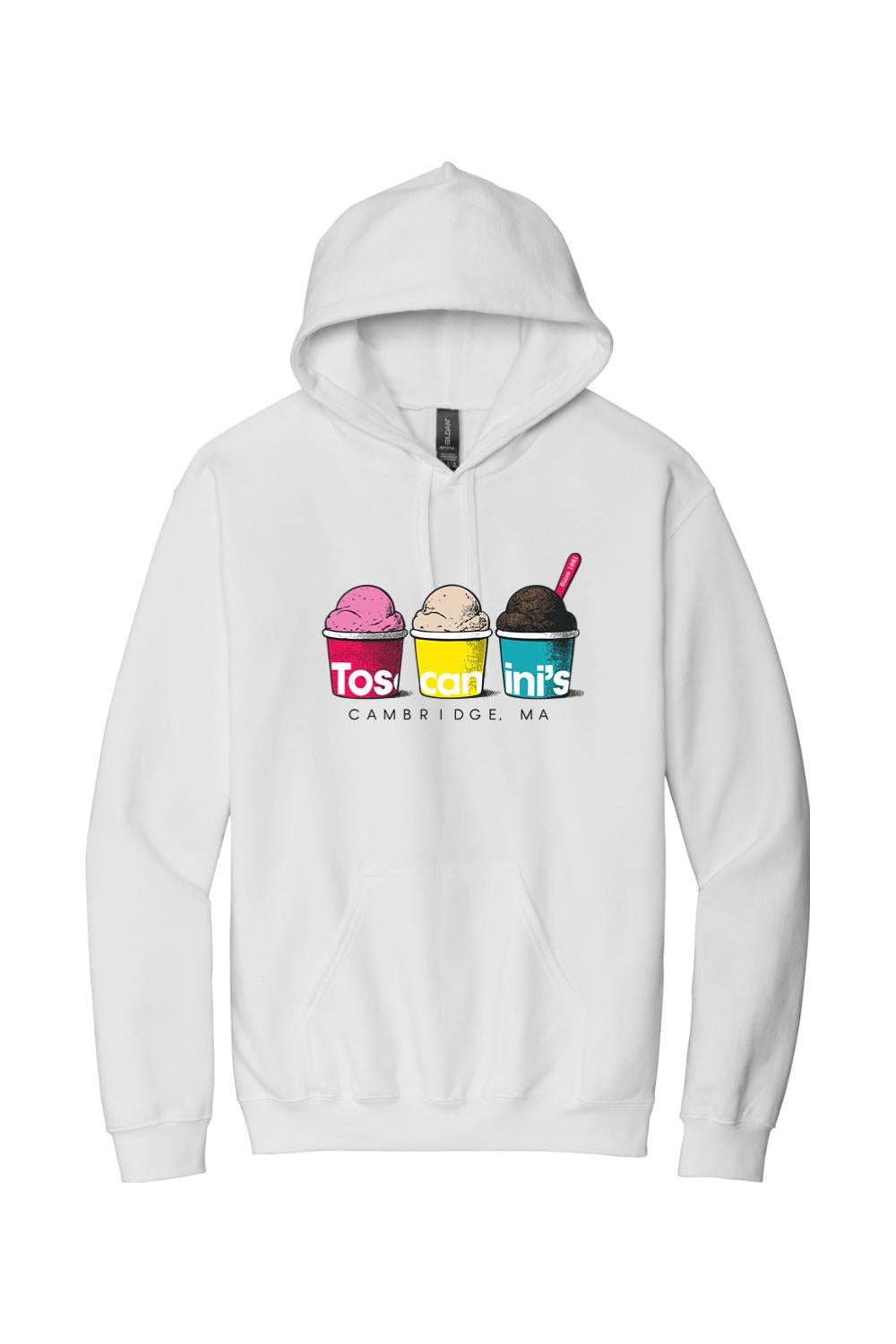 White unisex hoodie featuring a colorful Toscanini's ice cream cups graphic on the front chest.