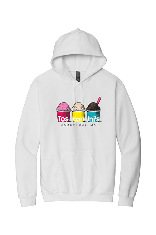 White unisex hoodie featuring a colorful Toscanini's ice cream cups graphic on the front chest.