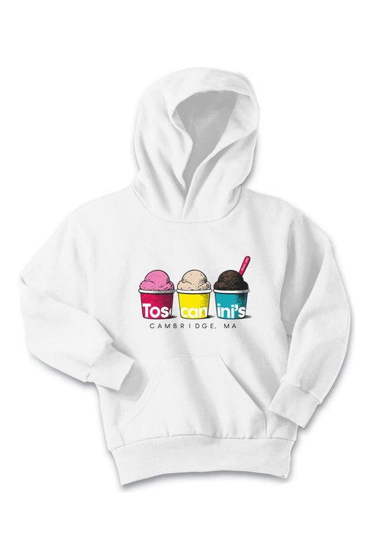 White youth hoodie featuring a Toscanini's ice cream cups graphic on the chest with a relaxed fit and long sleeves.