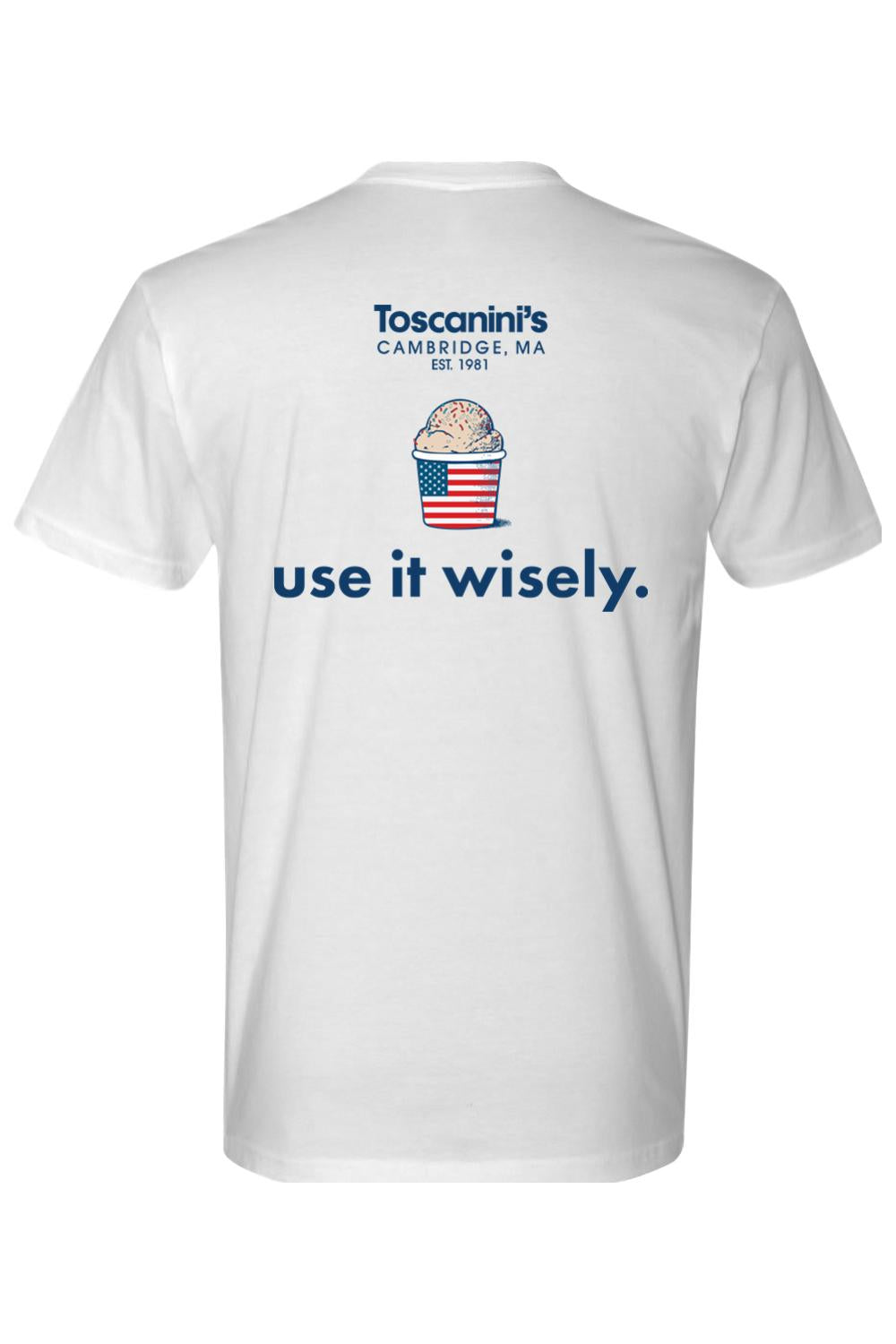 White cotton men's t-shirt featuring a Toscanini's ice cream cup graphic and the text Use it wisely on the back.