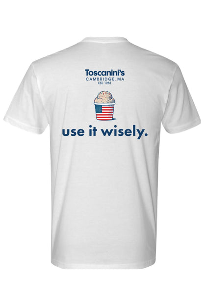 White cotton men's t-shirt featuring a Toscanini's ice cream cup graphic and the text Use it wisely on the back.