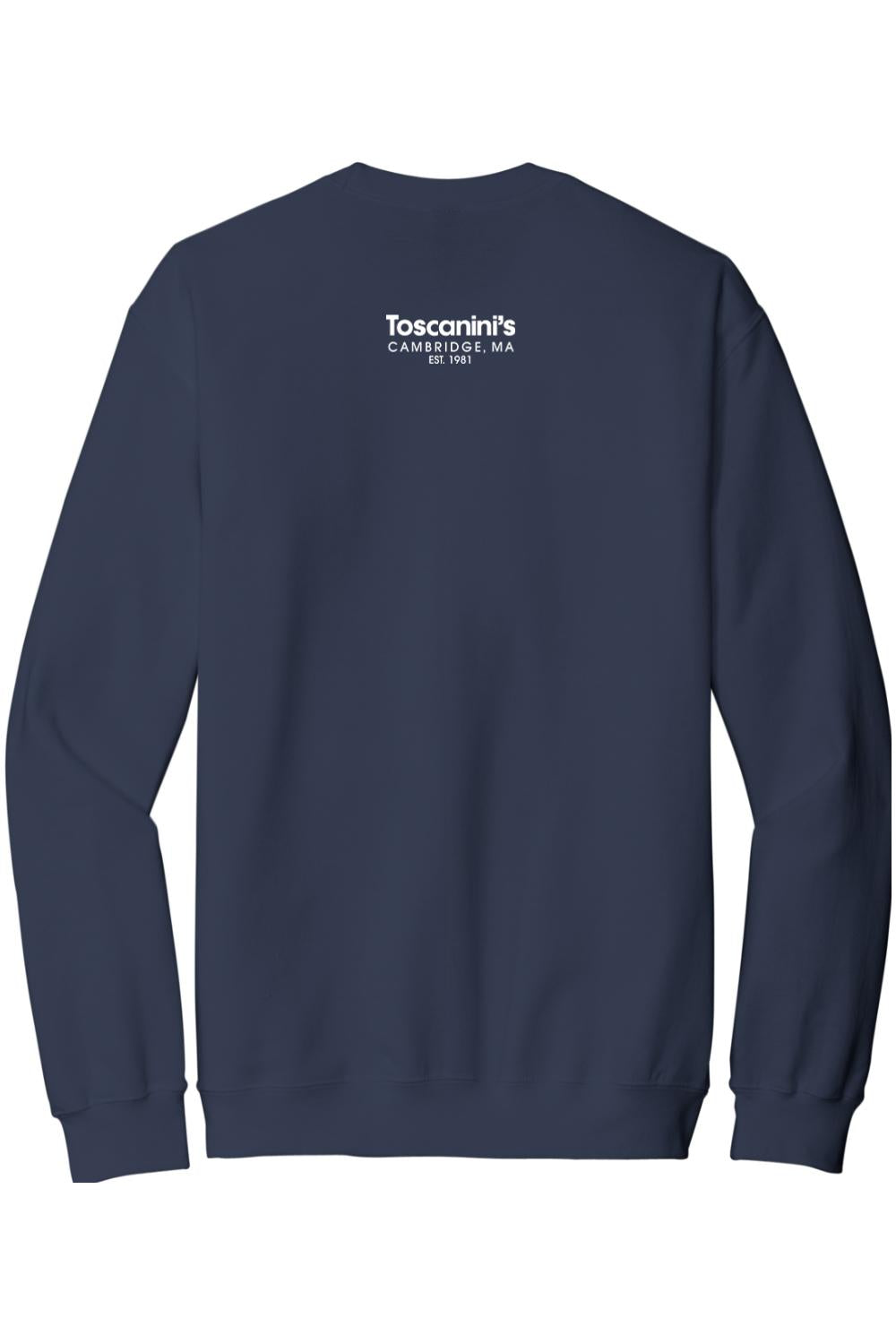 Navy blue crewneck sweatshirt featuring a white Toscanini’s Cambridge, MA logo on the upper back.