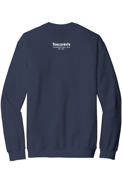 Navy blue crewneck sweatshirt featuring a white Toscanini’s Cambridge, MA logo on the upper back.
