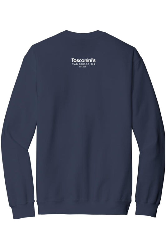 Navy blue crewneck sweatshirt featuring a white Toscanini’s Cambridge, MA logo on the upper back.