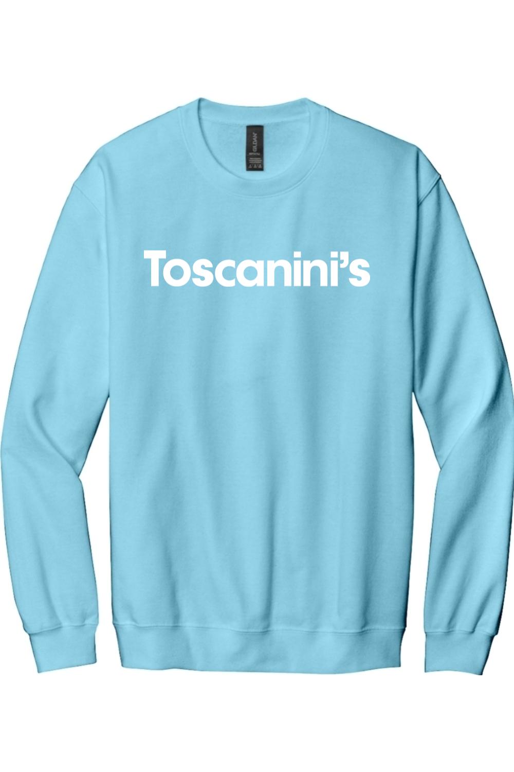 Light blue crewneck sweatshirt featuring the white Toscanini's logo printed across the chest.
