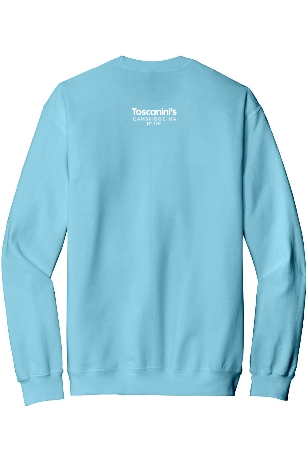 Light blue crewneck sweatshirt featuring a white Toscanini's Cambridge, MA logo on the upper back.