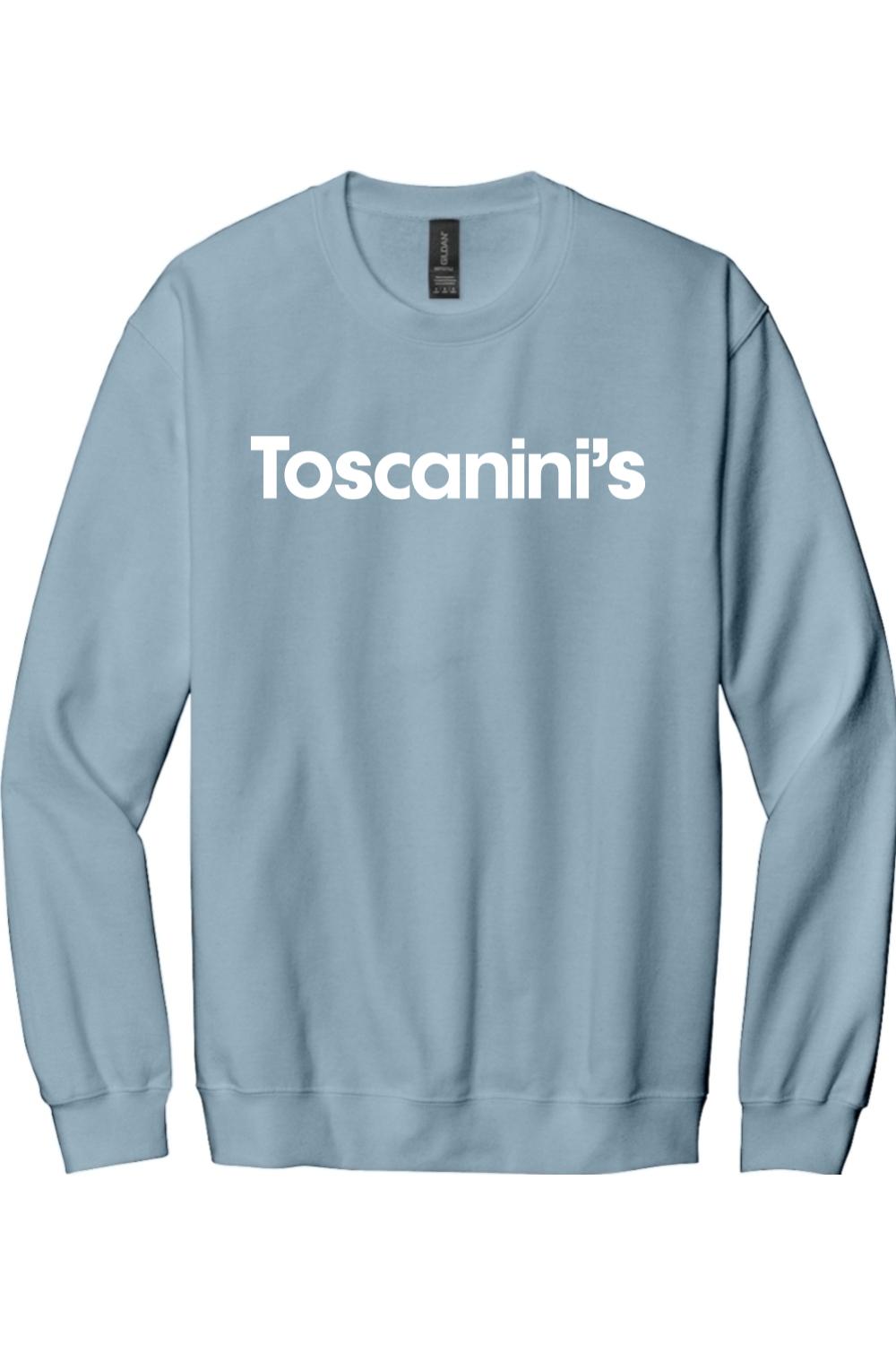 Light blue crewneck sweatshirt featuring the white Toscanini's logo printed across the chest.