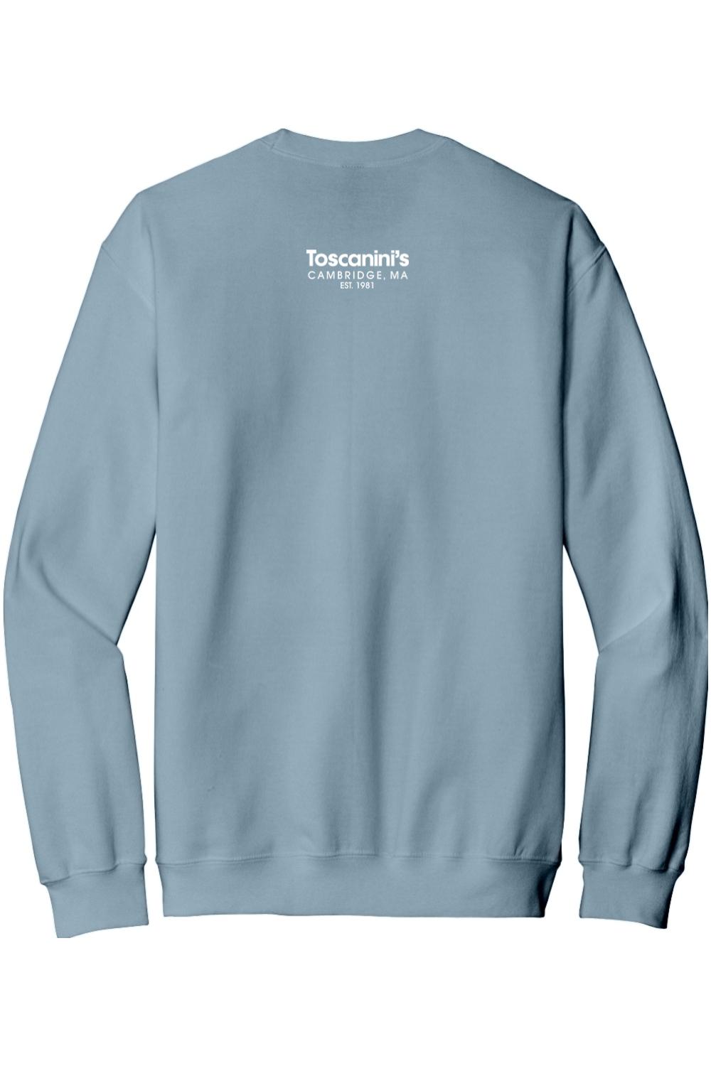 Dusty blue crewneck sweatshirt featuring white Toscanini's Cambridge, MA logo on the upper back.