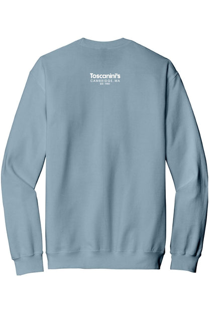 Dusty blue crewneck sweatshirt featuring white Toscanini's Cambridge, MA logo on the upper back.