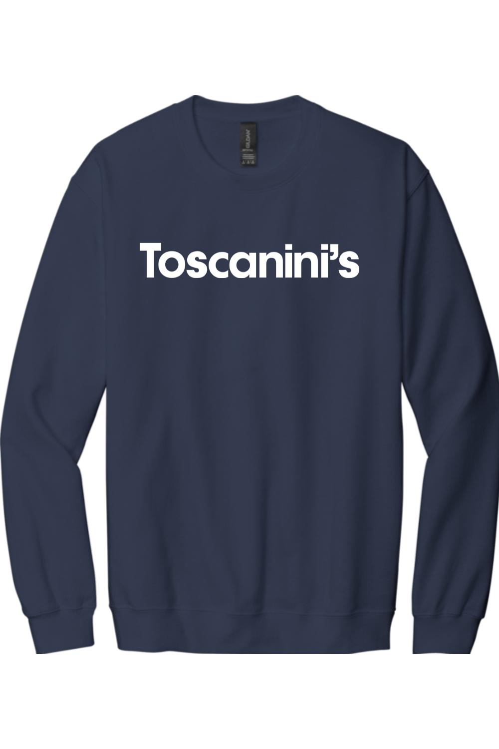 Navy blue crewneck sweatshirt featuring the white Toscanini's logo printed on the chest.