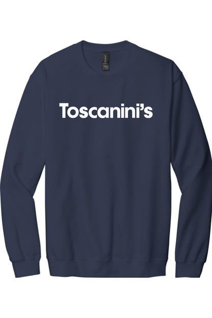 Navy blue crewneck sweatshirt featuring the white Toscanini's logo printed on the chest.