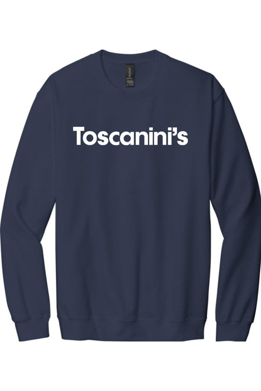 Navy blue crewneck sweatshirt featuring the white Toscanini's logo printed on the chest.