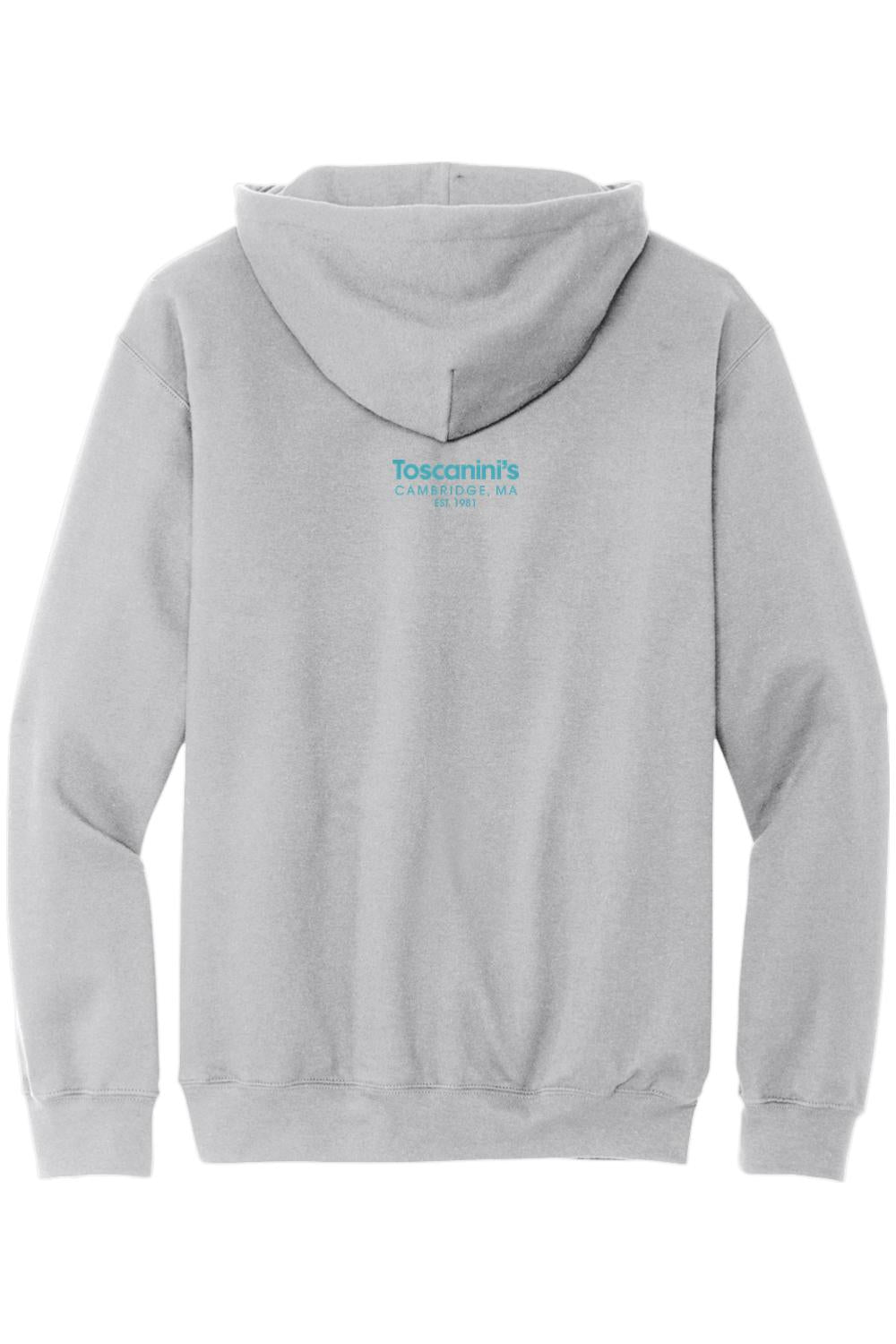 Light grey pullover hoodie featuring a blue Toscanini's Cambridge, MA logo on the back.