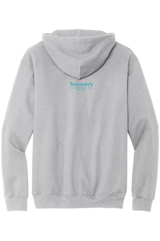 Light grey pullover hoodie featuring a blue Toscanini's Cambridge, MA logo on the back.