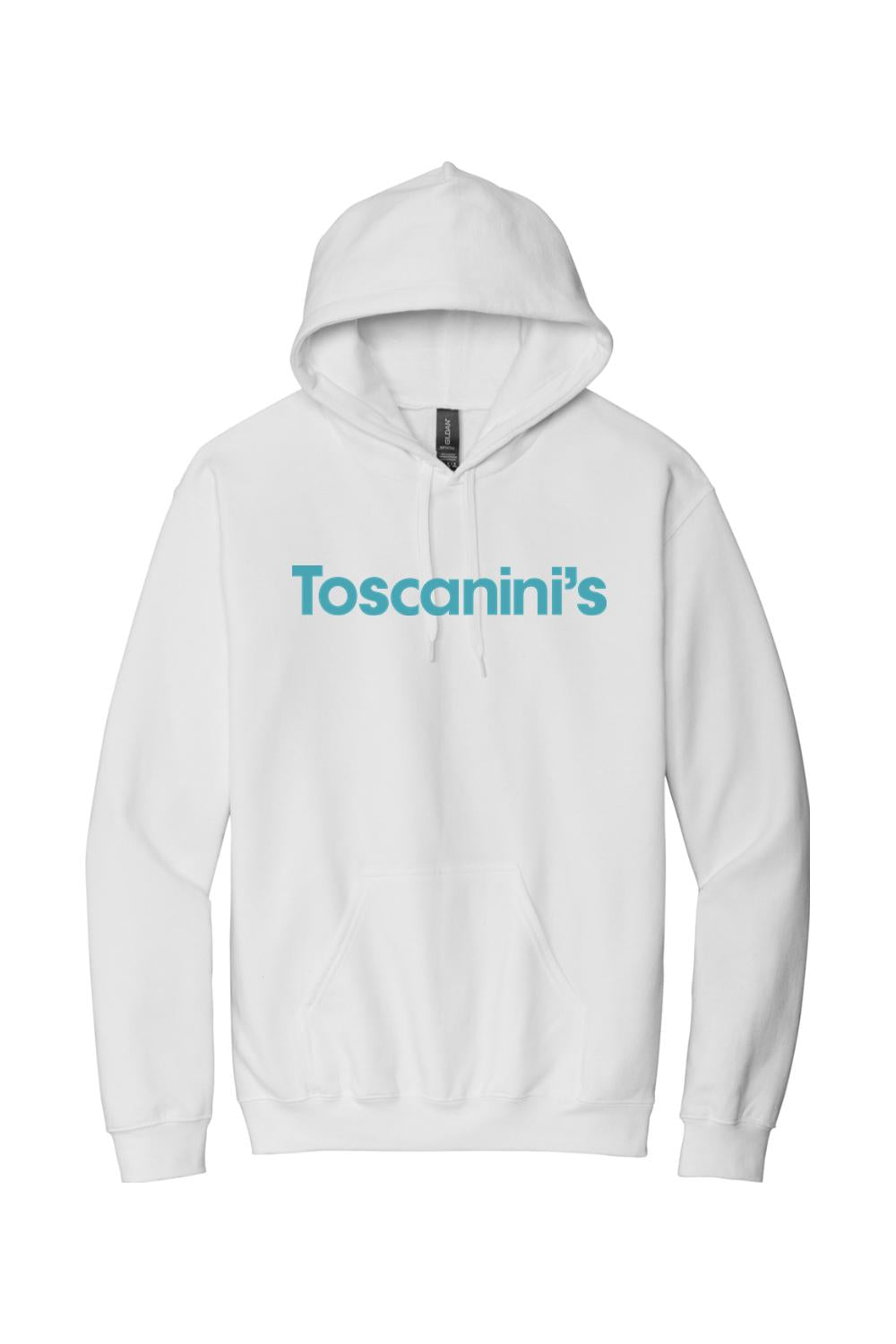 White long-sleeve pullover hoodie with a drawstring hood, front kangaroo pocket, and blue Toscanini's logo on the chest.