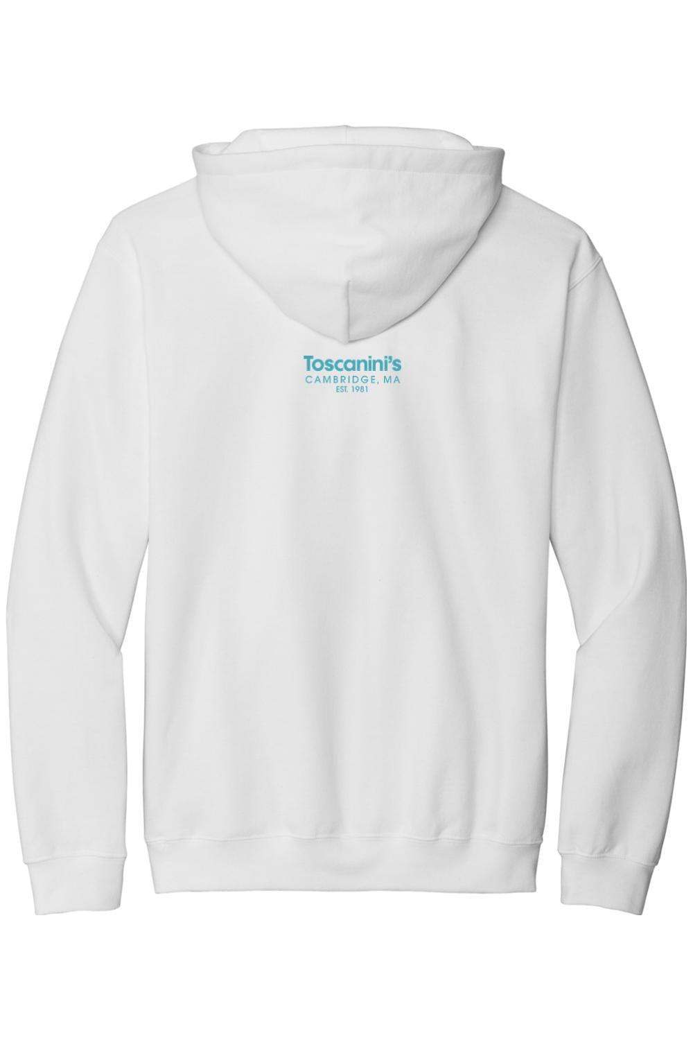 Back view of a white Toscanini's standard hoodie featuring a blue logo print below the hood.