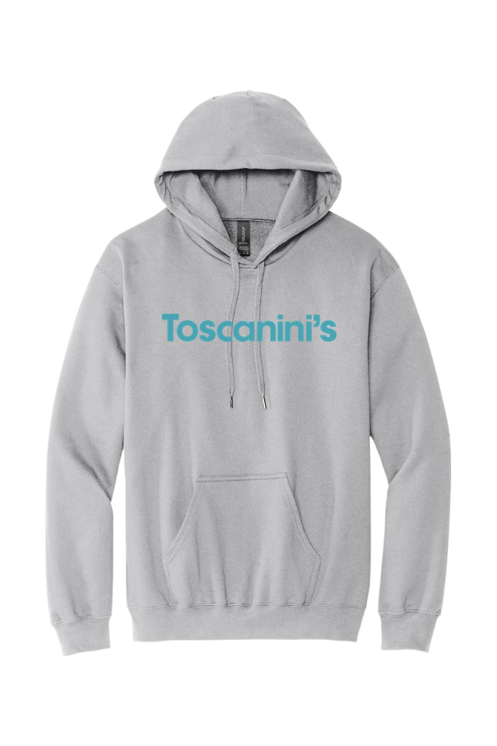 Light grey pullover hoodie with a drawstring hood, front kangaroo pocket, and blue Toscanini's logo on the chest.