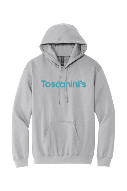 Light grey pullover hoodie with a drawstring hood, front kangaroo pocket, and blue Toscanini's logo on the chest.