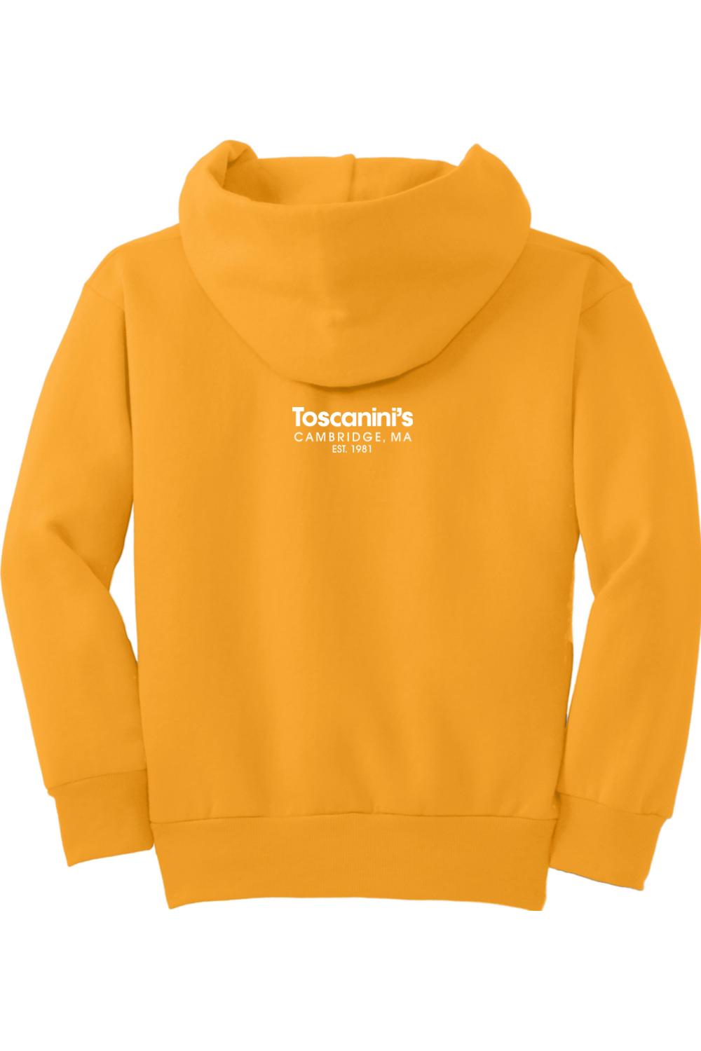Mustard yellow youth hoodie featuring the white Toscanini's Cambridge logo on the back.