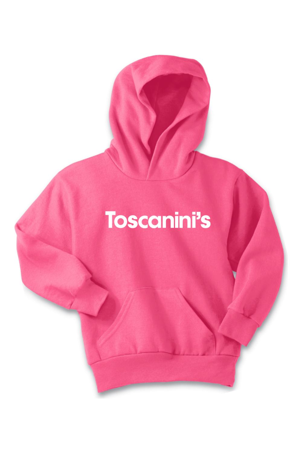 Bright pink youth hoodie with a cozy hood, front kangaroo pocket, and white Toscanini's logo printed on the chest.