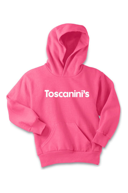 Bright pink youth hoodie with a cozy hood, front kangaroo pocket, and white Toscanini's logo printed on the chest.