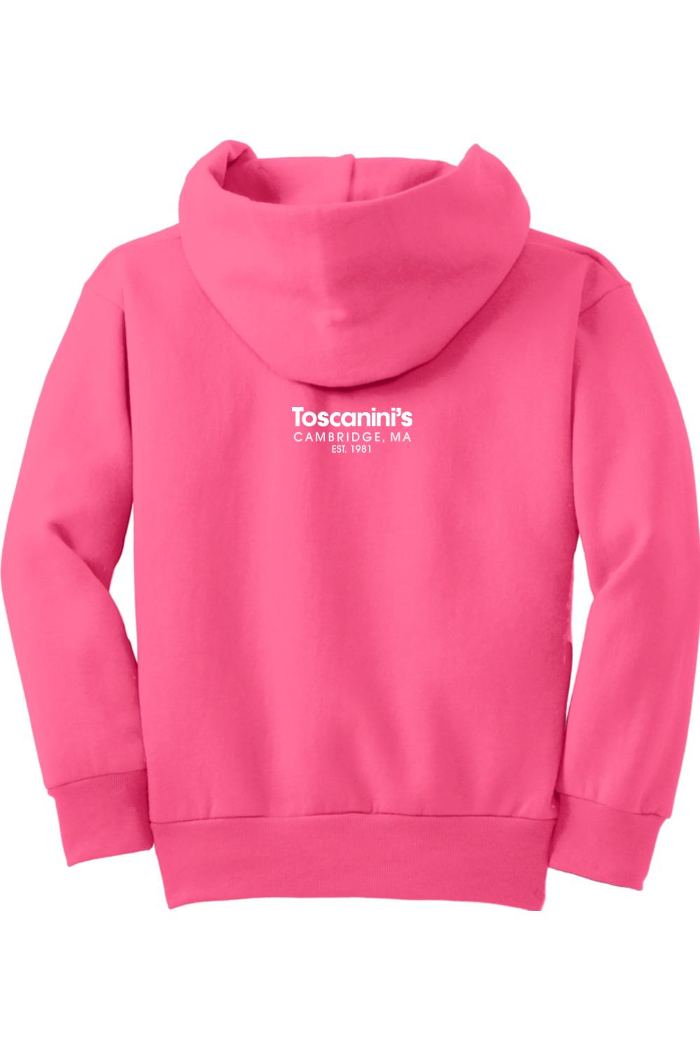 Bright pink youth hoodie with a white Toscanini's Cambridge, MA logo printed on the back.