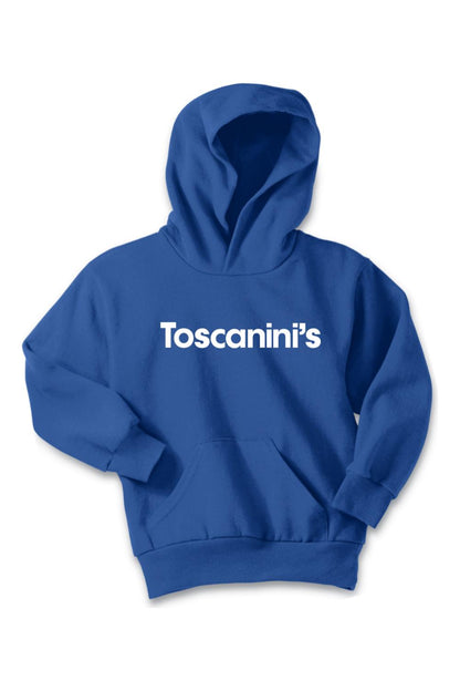 Youth royal blue pullover hoodie featuring the white Toscanini's logo, a front kangaroo pocket, and a cozy hood.