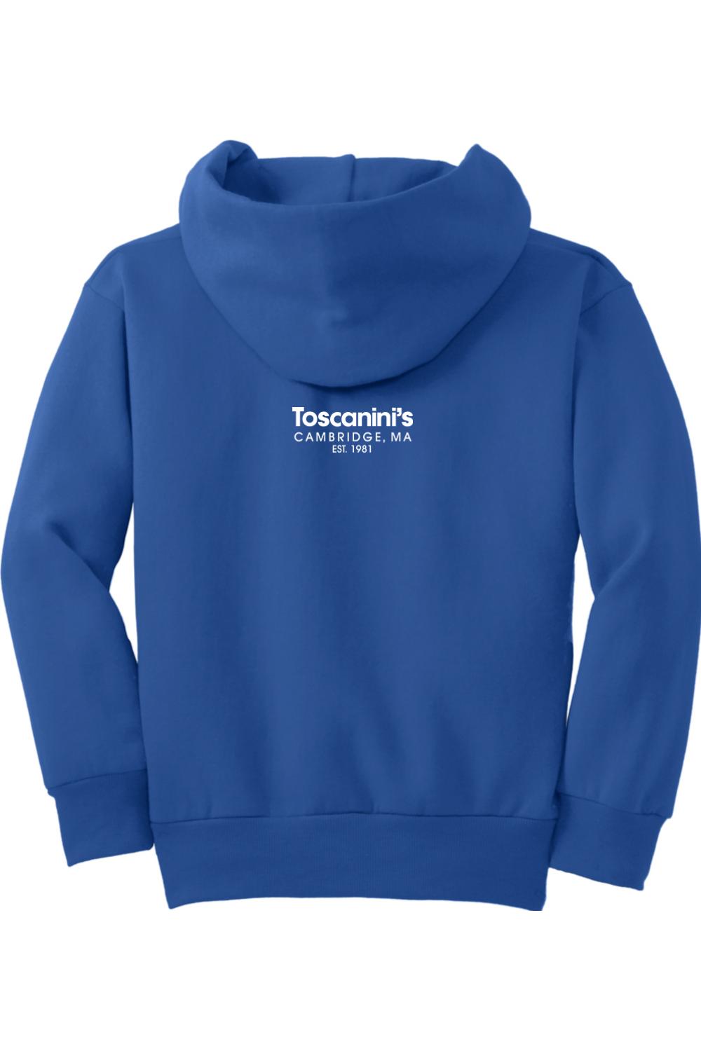 Royal blue youth hoodie with a white Toscanini's Cambridge, MA logo printed on the back.