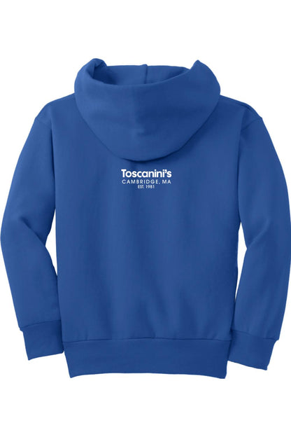 Royal blue youth hoodie with a white Toscanini's Cambridge, MA logo printed on the back.